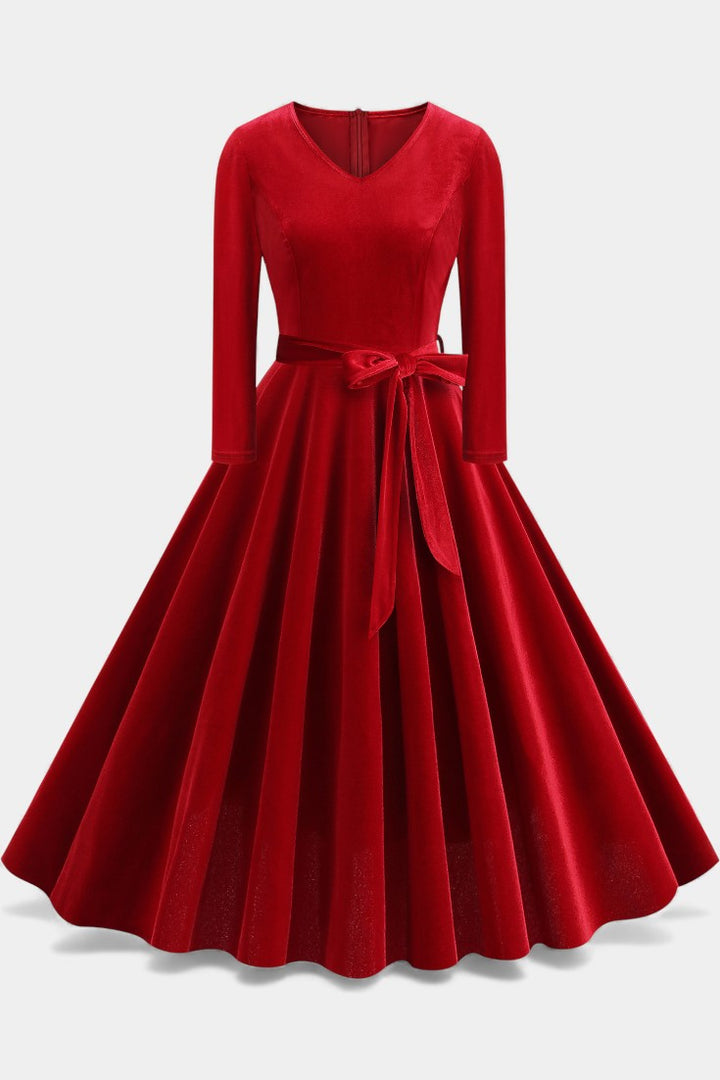 Almena V-Neck Midi Velvet Dress - Elegant and Perfect for Festive Occasions