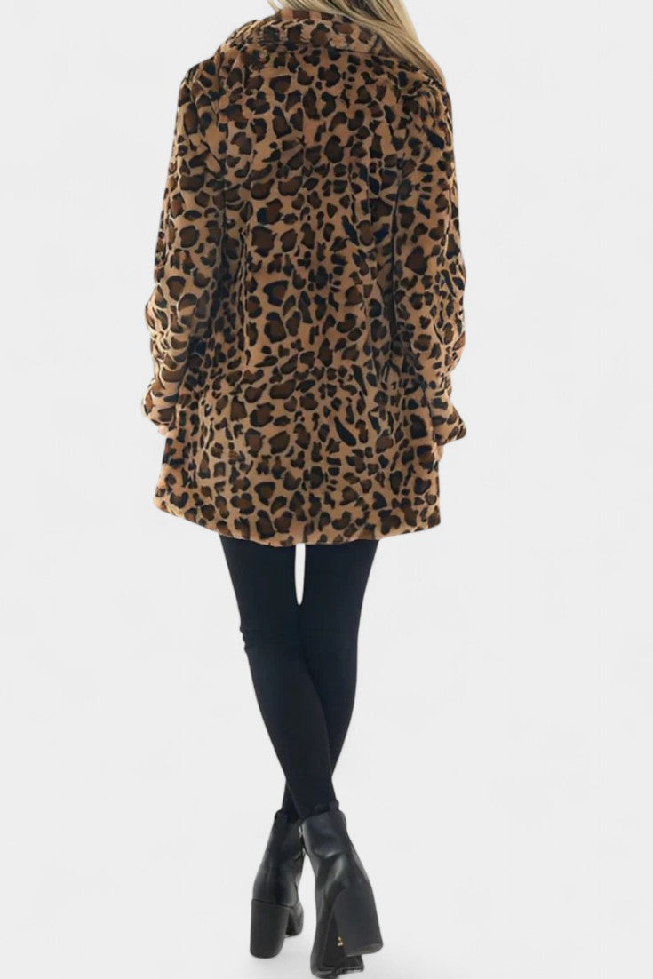 Énola Leopard Print Faux Fur Coat with Pockets - Long Style