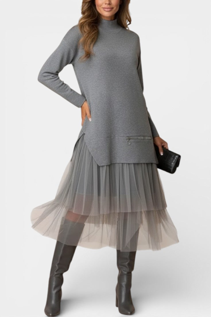 Fiorenza High Collar Knit and Tulle Dress