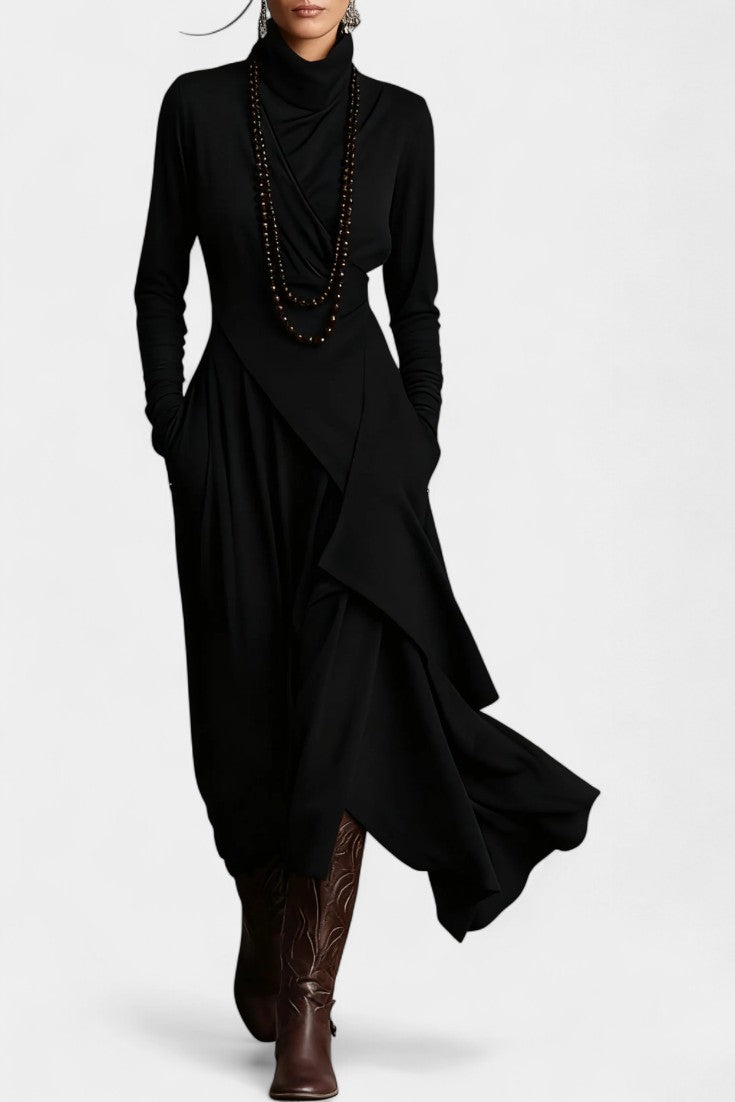Ébeline High-Collar Asymmetrical Pleated Maxi Dress