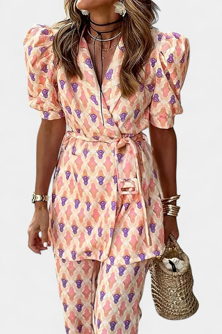 Araceli Tailored Set with Puff Sleeves and Flared Trousers