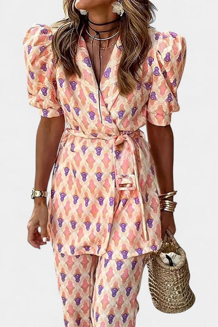 Araceli Tailored Set with Puff Sleeves and Flared Trousers