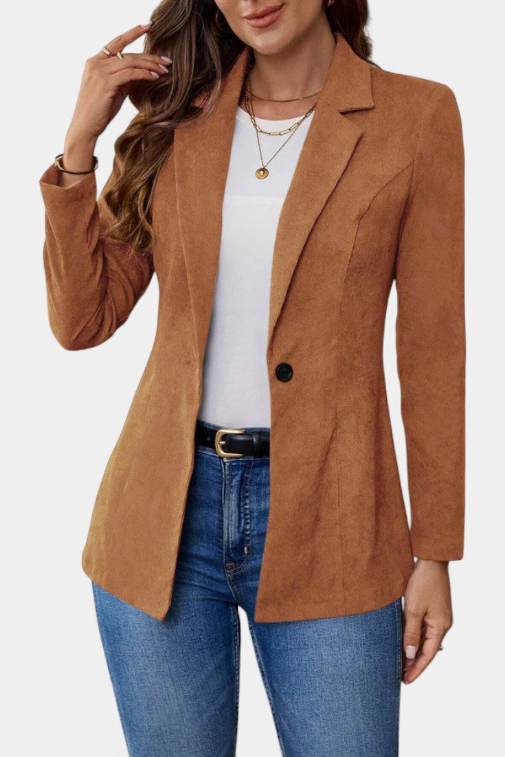 Rhéane Notched Lapel Long Blazer with Single Button Closure