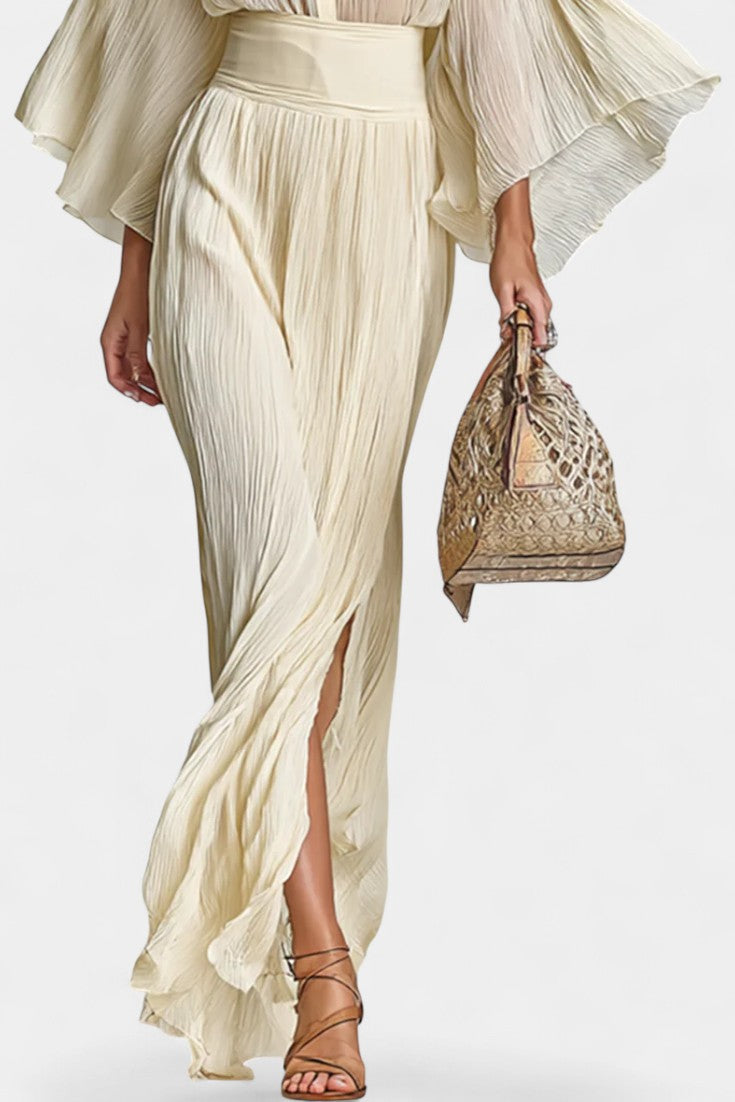 Valentine's Day Two-Piece Ensemble: High-Collar Pleated Top & Long Slit Skirt