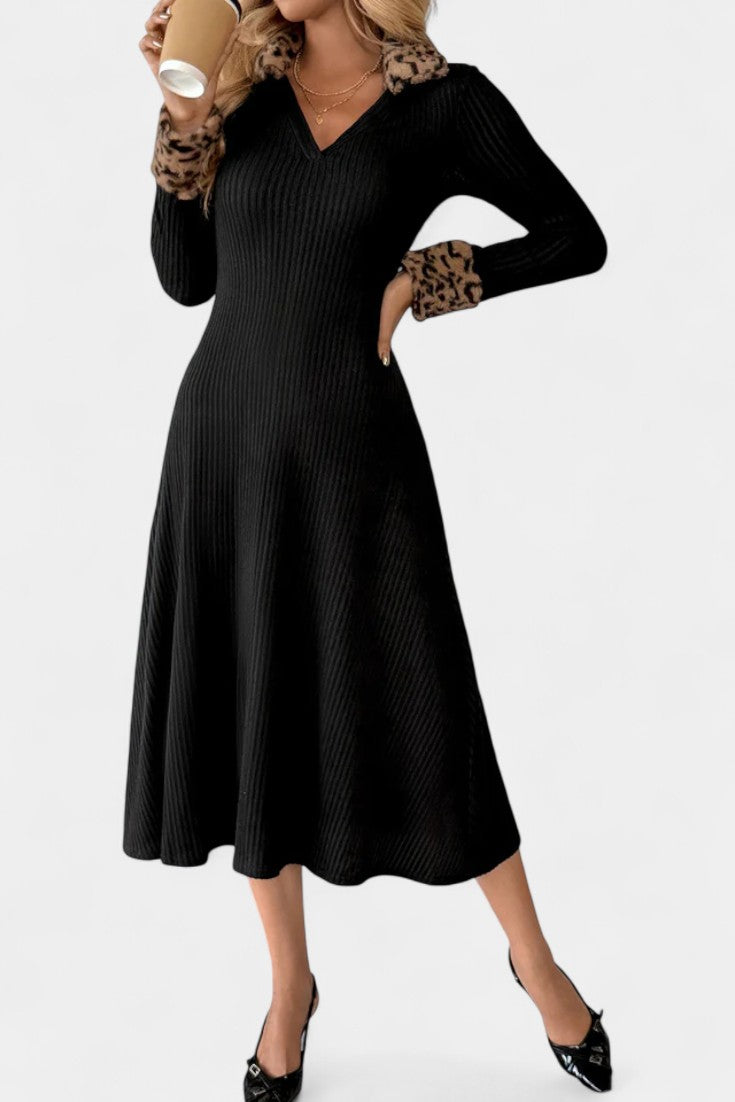 Héloïse Long Sleeve Midi Dress with Textured Fabric and Leopard Patchwork
