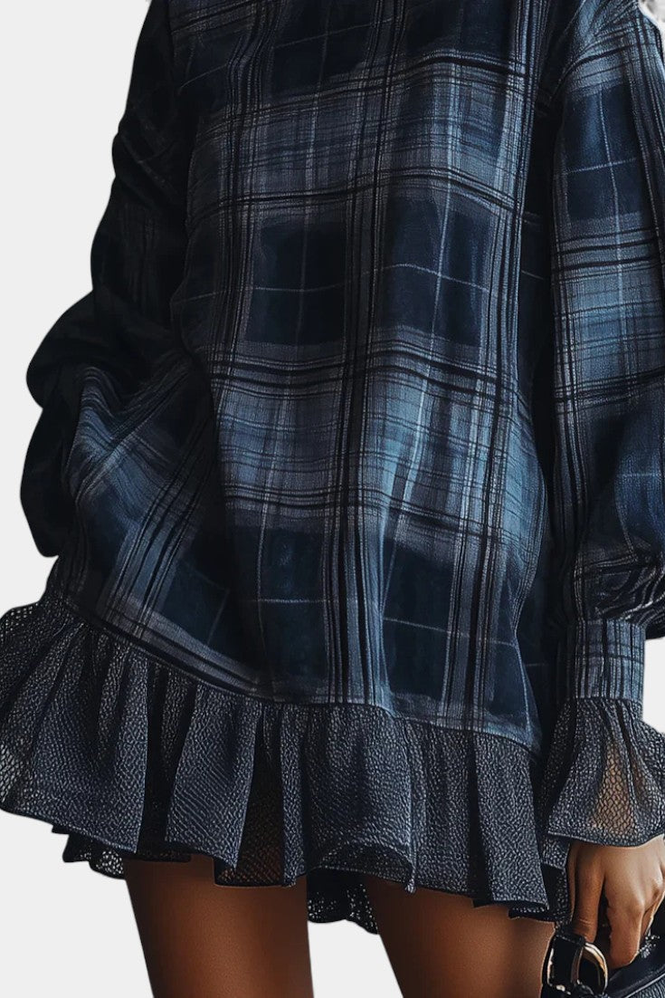 Blue Check Knit Alvetina Mini Dress with High Collar