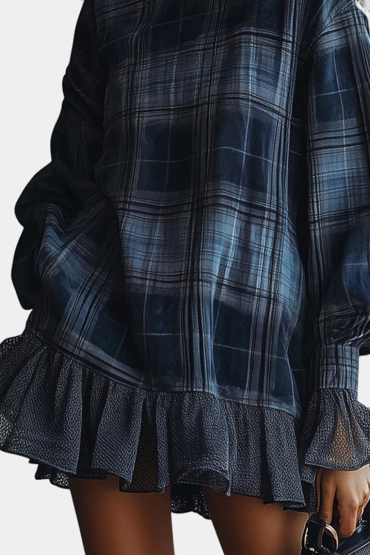 Blue Check Knit Alvetina Mini Dress with High Collar