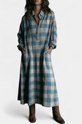 Pacifia Blue and White Checkered Maxi Dress Featuring a Shirt Collar