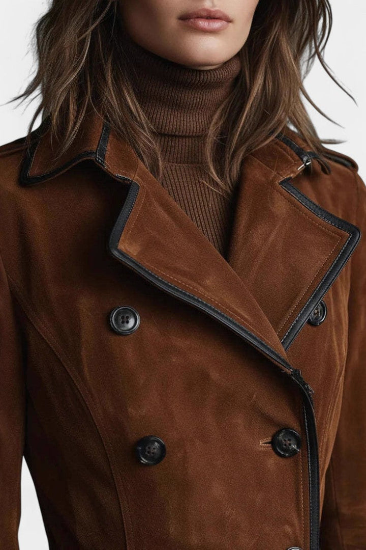 Double-Breasted Suede Sandra Long Coat with Black Trim