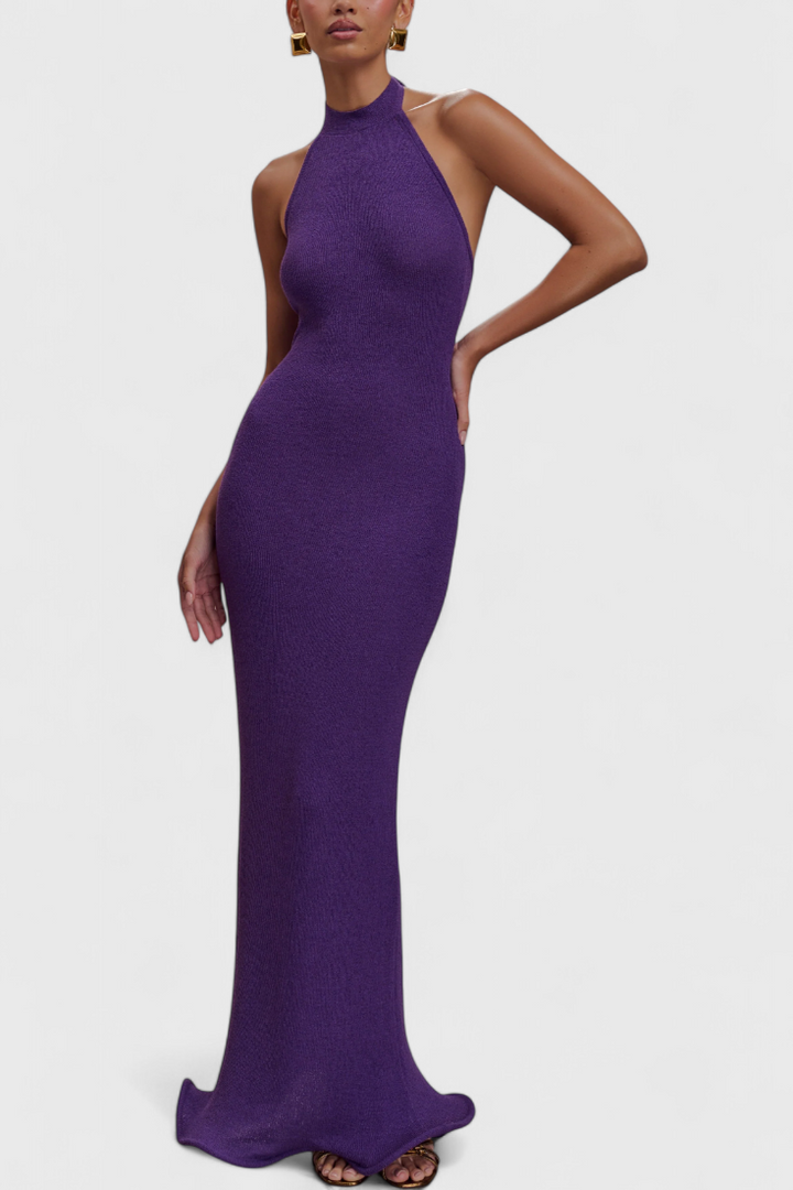 Trinity Halter Knit Backless Dress with Curved Hem