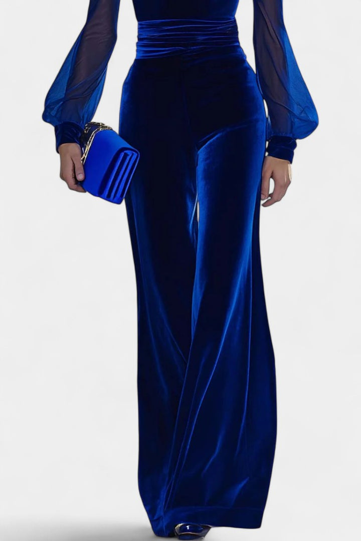 Clarène V-Neck Velvet Jumpsuit with Long Sleeves