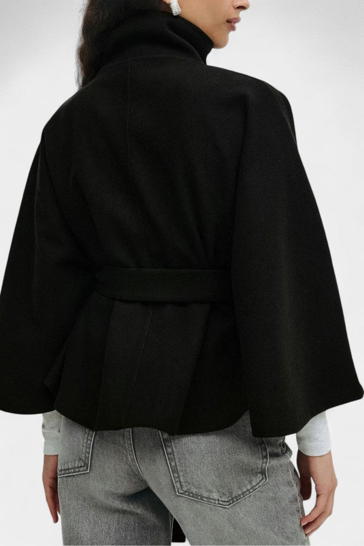 High-Collar Silke Wool Cape Coat with Belted Waist