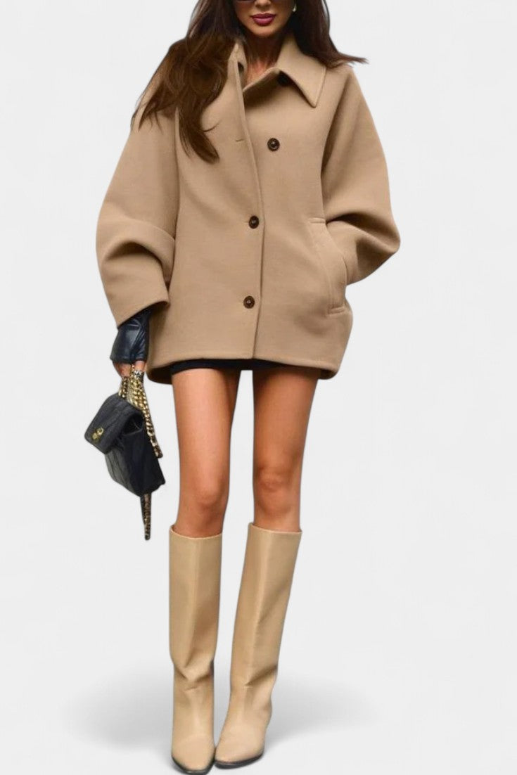 Ambreline Mid-Length Wool Batwing Coat featuring Notch Collar