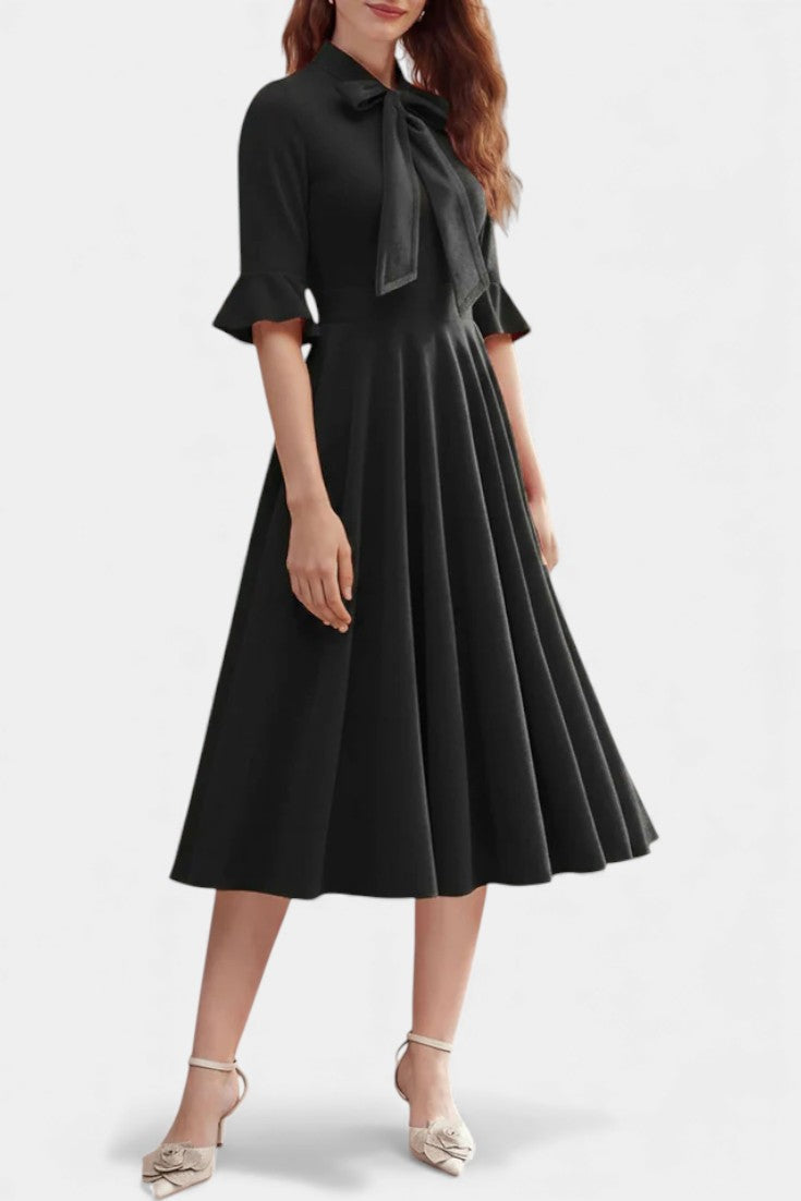 Domitille Vintage Midi Velvet Dress Featuring Ruffled Sleeves and a Chic Bow