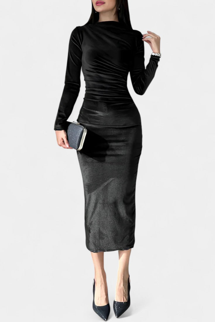 Ruched Velvet Long Sleeve Bodycon Maxi Dress by Amicie