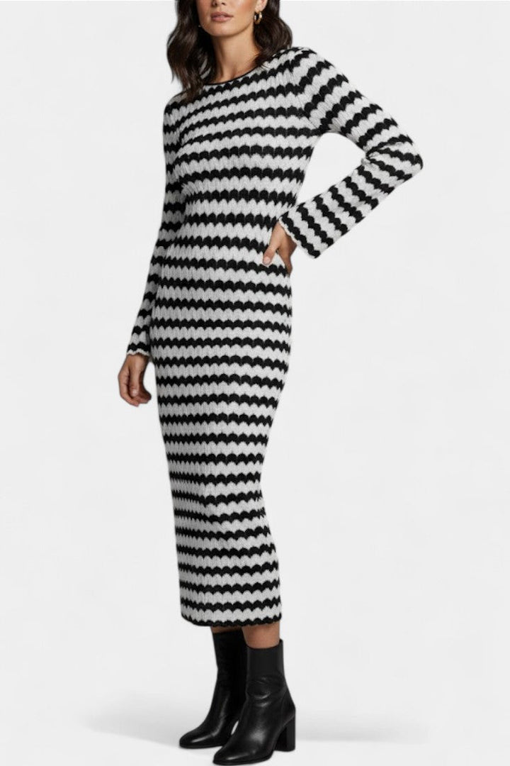 Ilaria One-Shoulder Long Knit Dress with Slit and Striped Design