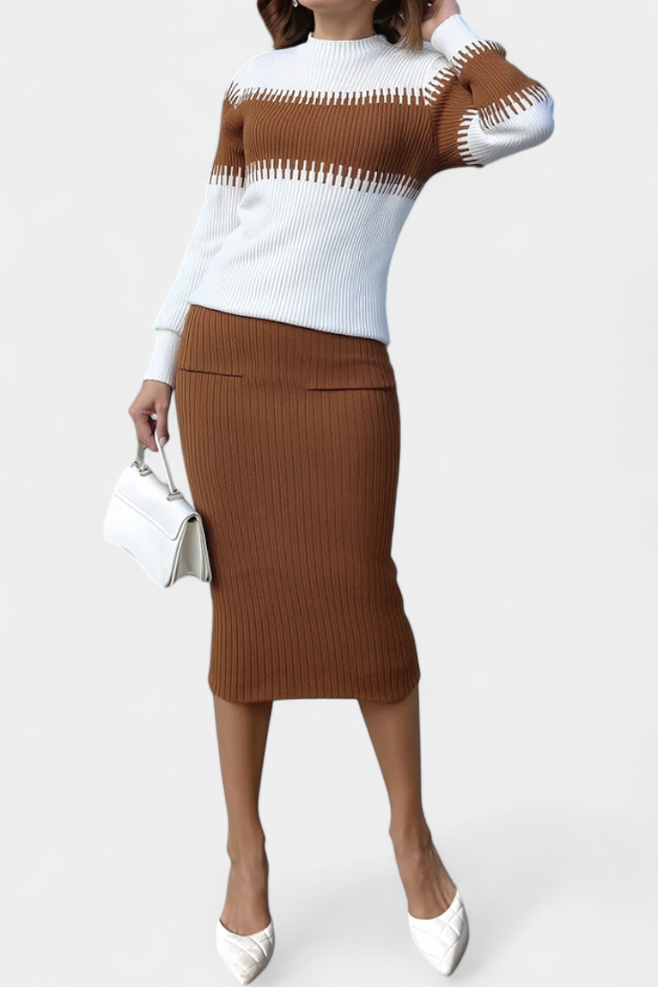 Sidonie Two-Tone Long Sleeve Midi Knit Dress Ensemble