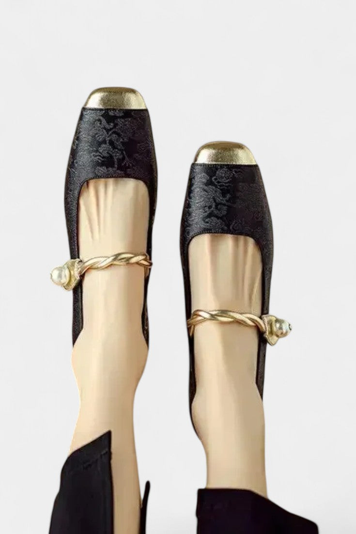 Mestelle Patent Leather Mary Janes with Square Heels and Beaded Accents