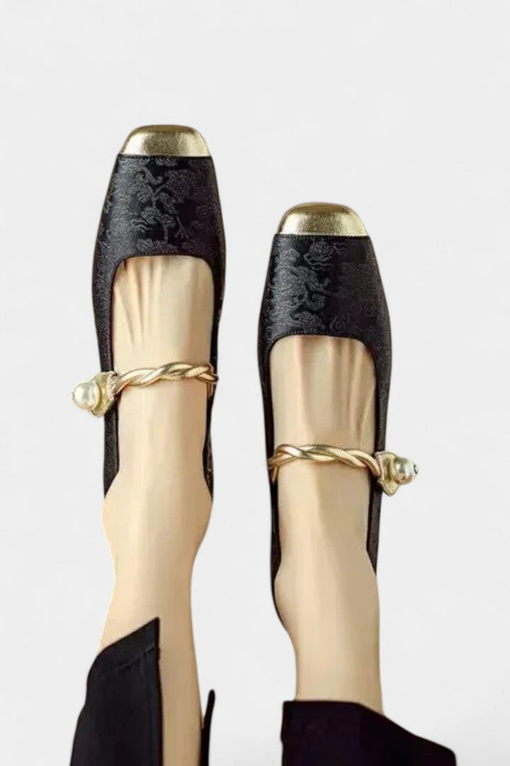 Mestelle Patent Leather Mary Janes with Square Heels and Beaded Accents