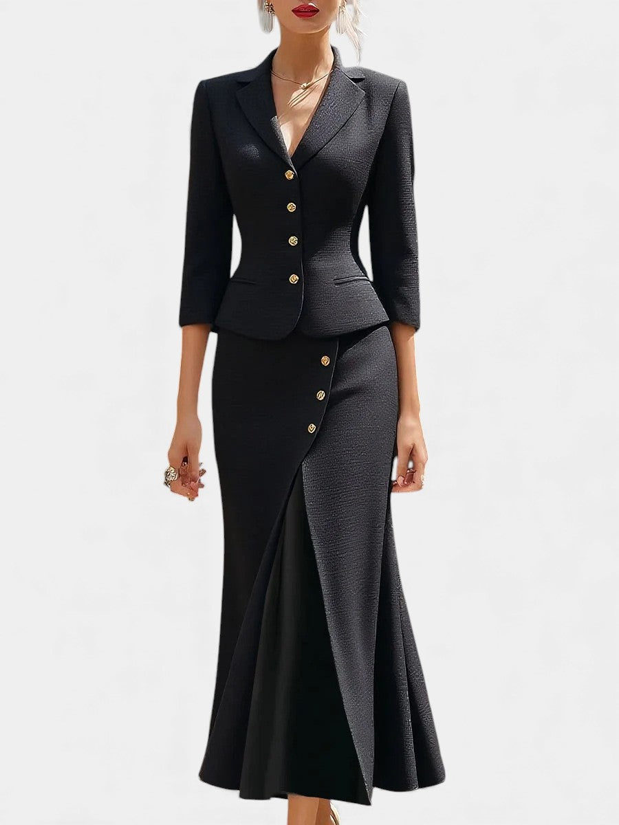 Natalina Chic Ecru Tailored Suit with Flowing Long Wrap Skirt