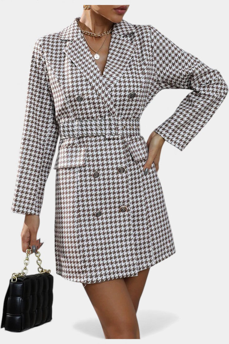 Checkered Tailored Dress with Lapels and Belt by Maddy