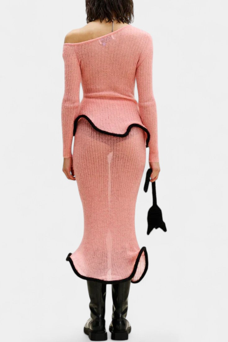 Stormi Asymmetrical Knit Set with Ruffled Trim and Shimmering Midi Skirt