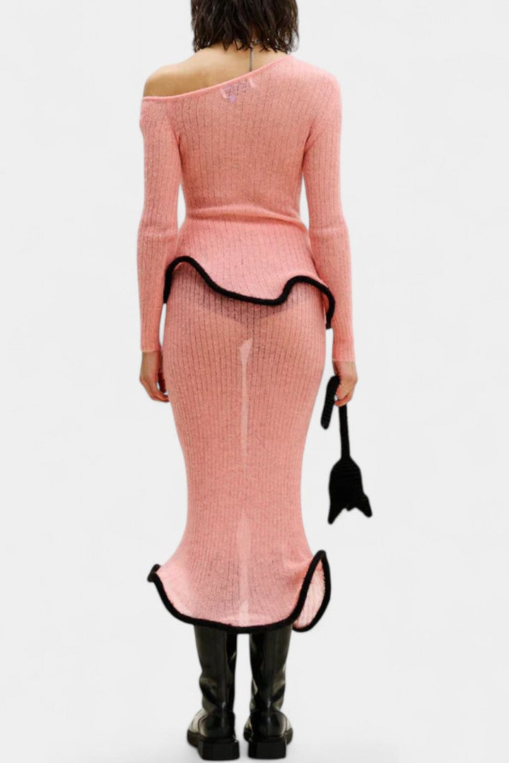 Stormi Asymmetrical Knit Set with Ruffled Trim and Shimmering Midi Skirt