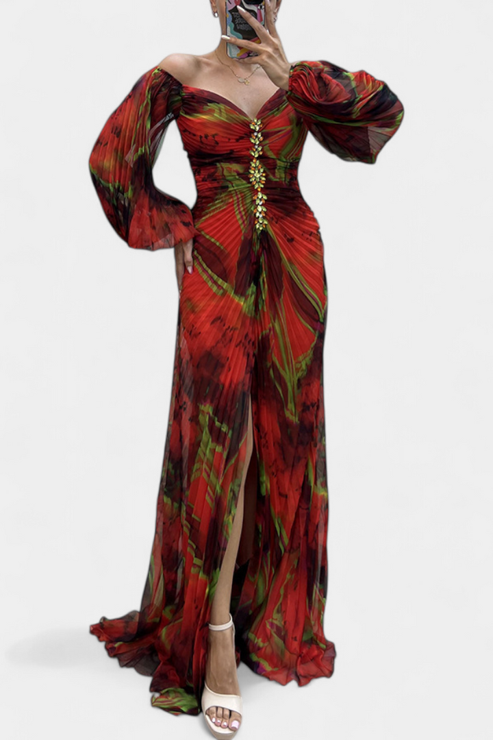 Quintessa Off-Shoulder Pleated Evening Gown with Puff Sleeves