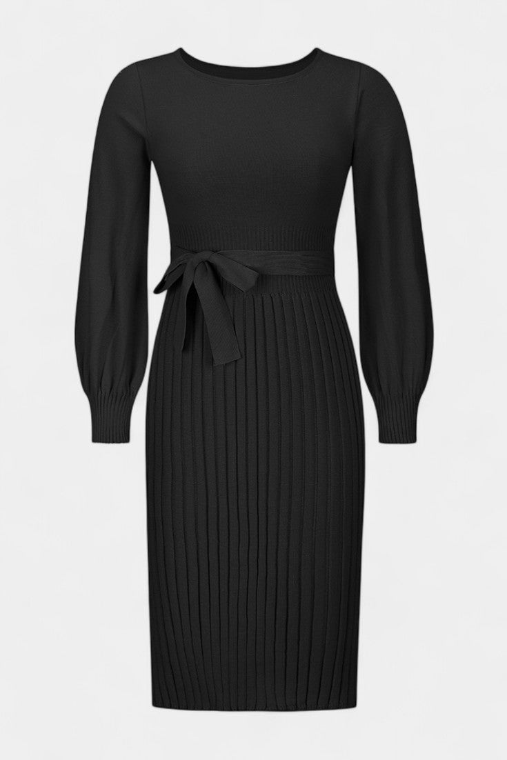 Chloéria Belted Midi Dress with Pleats and Ribbed Knit