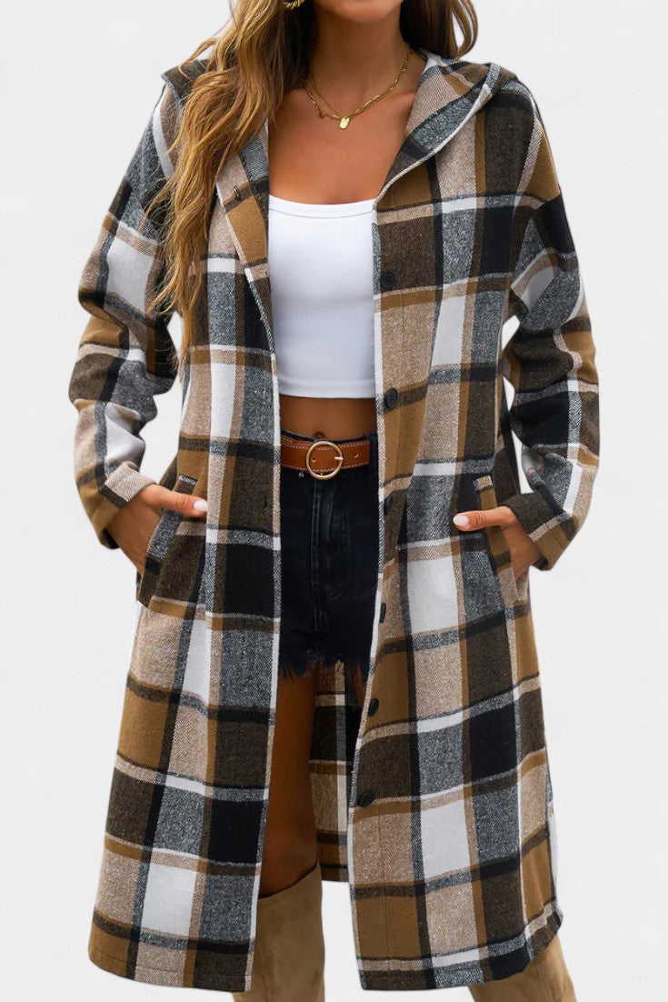 Sandrine Plaid Hooded Jacket with Brushed Texture and Button Closure