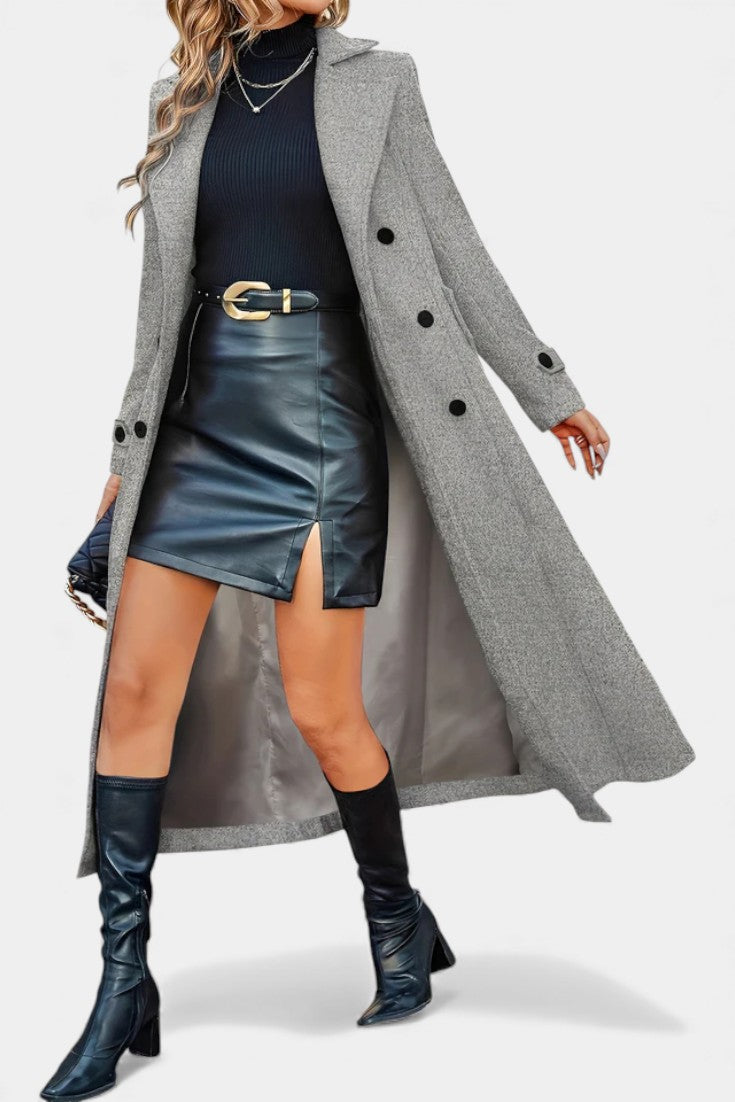 Naïssa Long Double-Breasted Coat with Notched Lapels