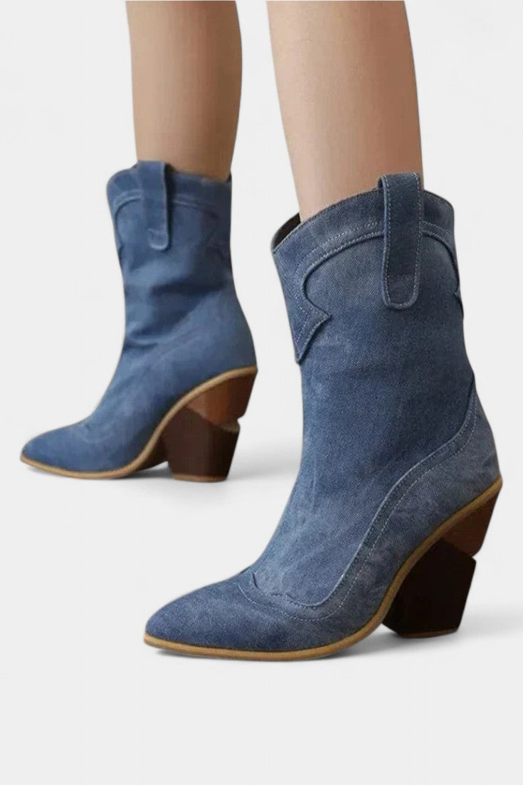 Soft Leather Western Ankle Boot with Pointed Toe and Chunky Heel
