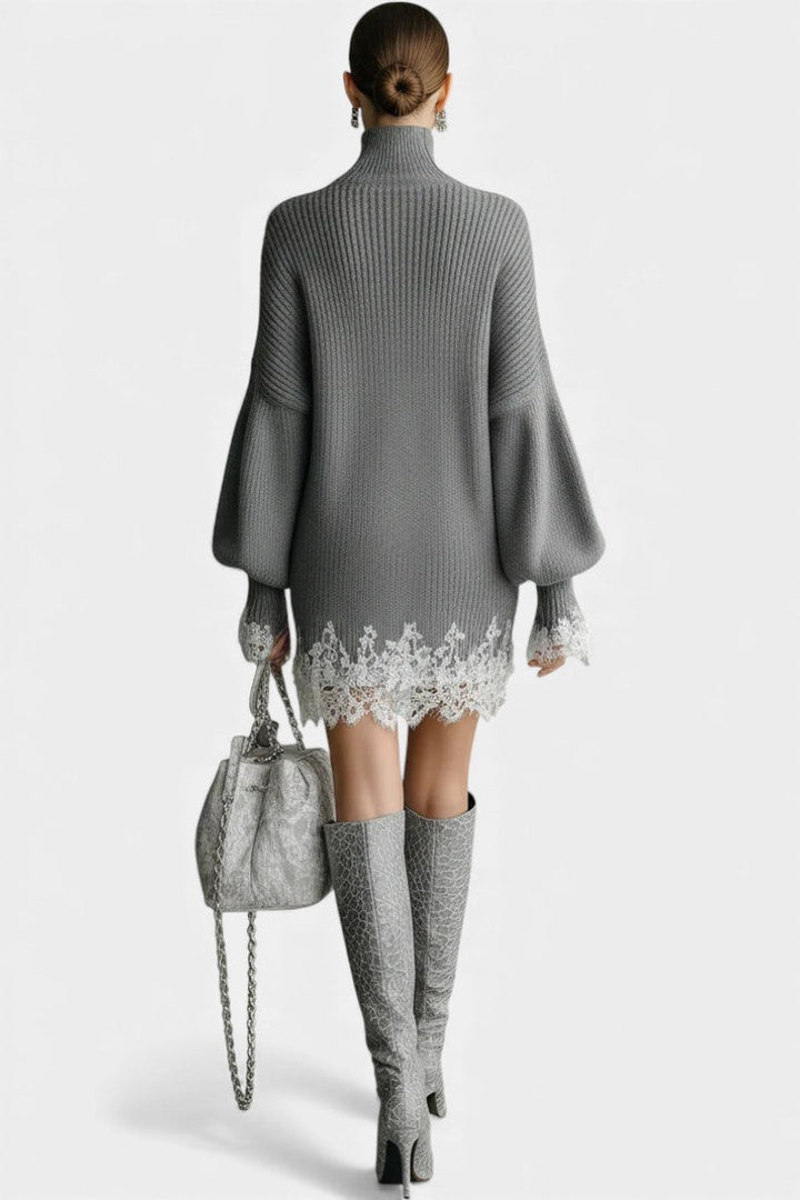 Gray Savine Mini Knit Dress with Turtleneck and White Lace Accents