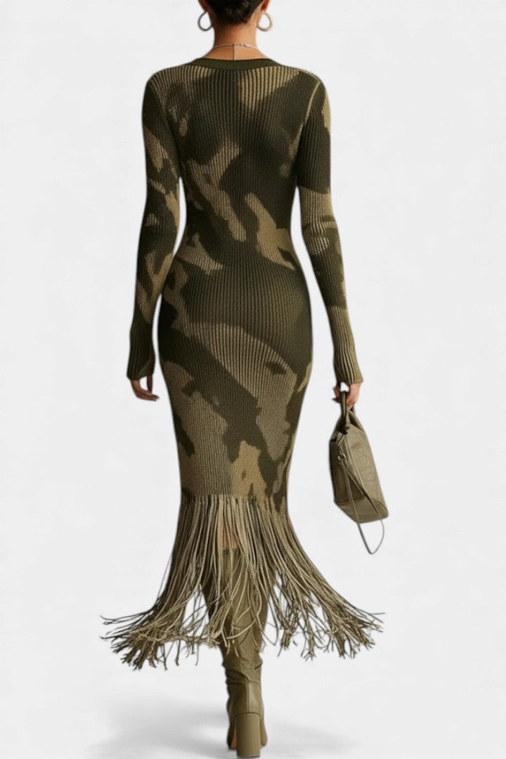 Neele Olive Camouflage Textured Fringe Midi Dress with V-Neck