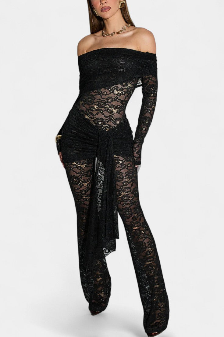 Maristella Bardot Set: Sheer Lace Top with Ruffled Mini Skirt