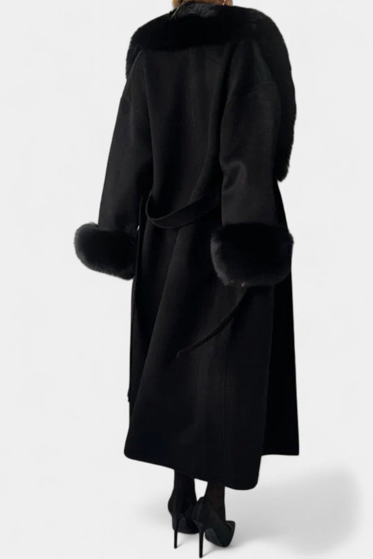 Lalie Long Coat with Belt and Faux Fur Trim