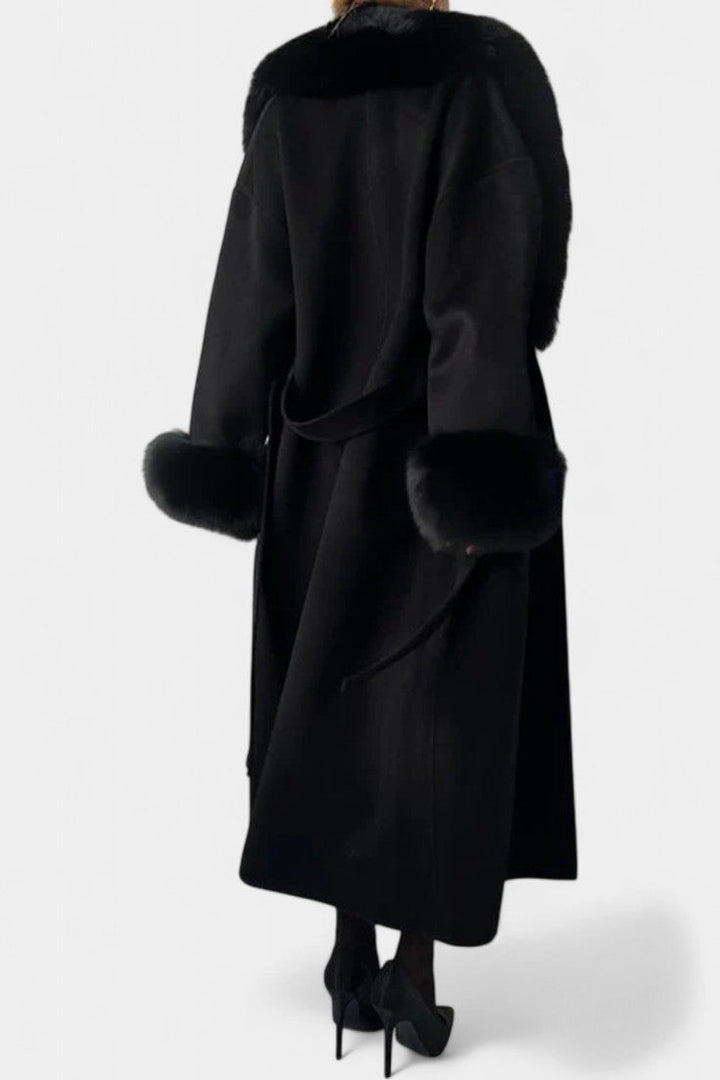 Lalie Long Coat with Belt and Faux Fur Trim