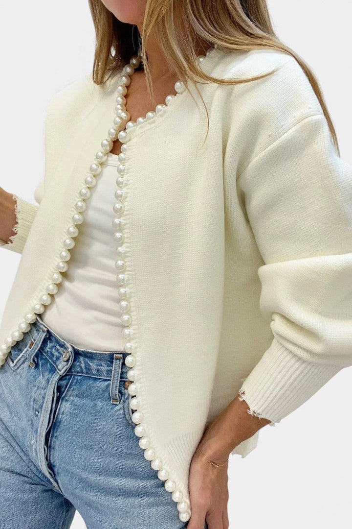 Beaded Edge Knit Cardigan with Frayed Hem by Prisette
