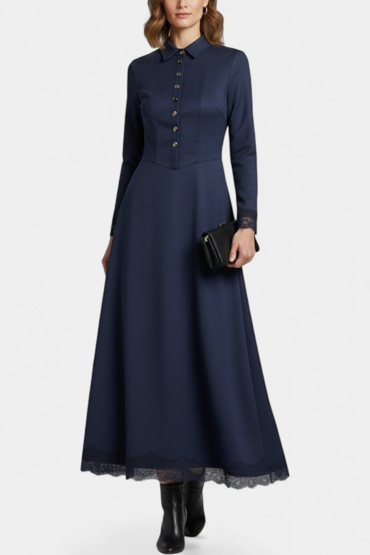 Suede Long Robe with Shirt Collar and Lace Details
