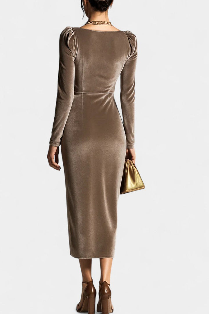 Chérane Velvet Midi Dress with Ruched Neckline and Tulip Hem