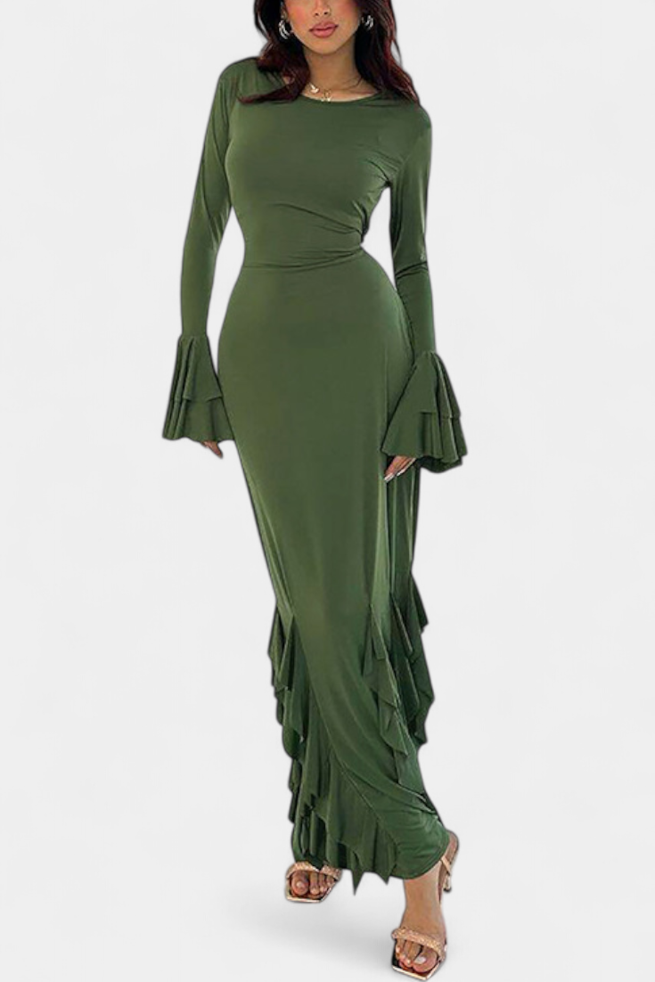 Calissa Long Fitted Dress Featuring Flared Sleeves and Flowing Ruffles