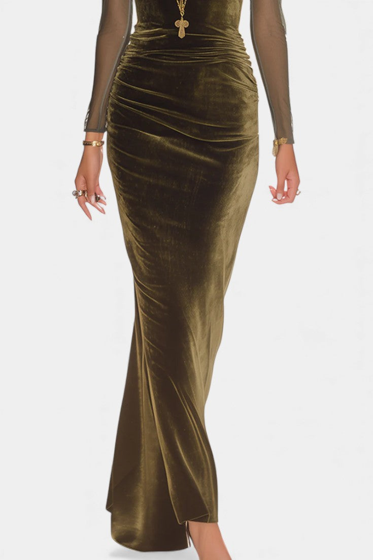 Rusina Olive Maxi Dress with Sheer Sleeves