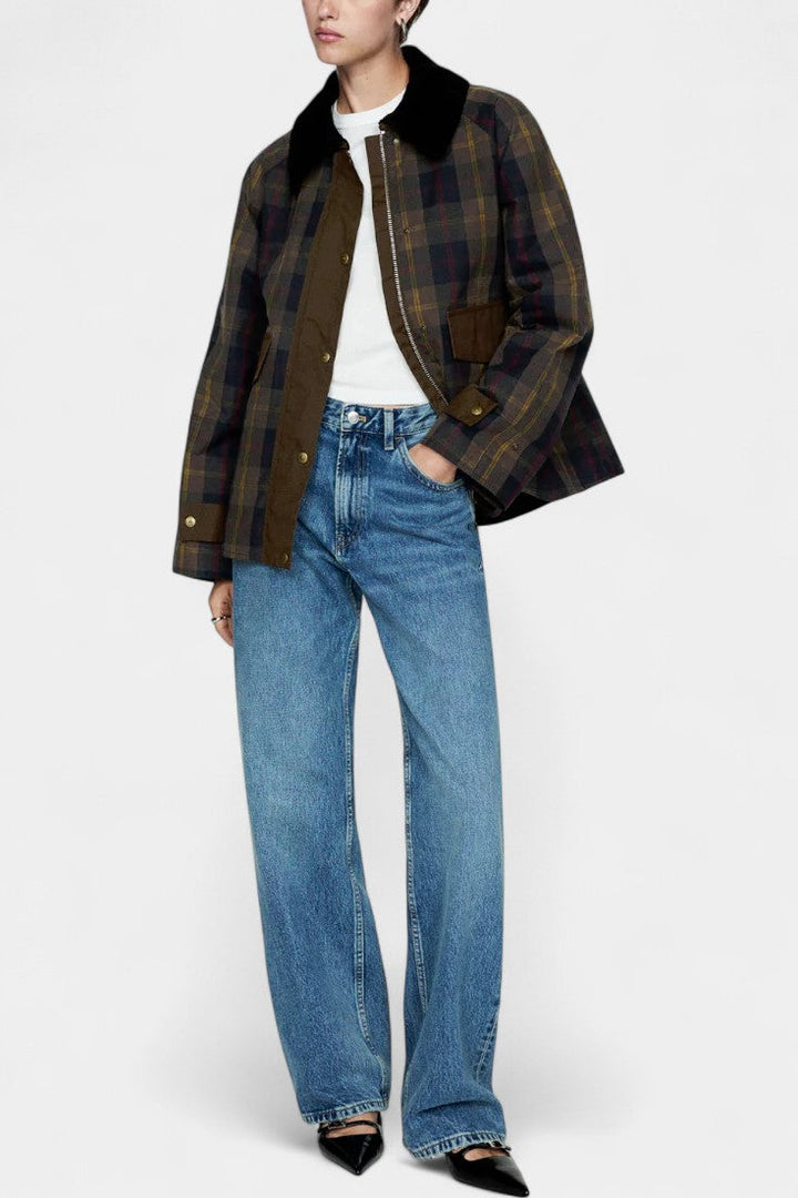 Checkered Print Ausra Straight Jacket with Contrasting Collar