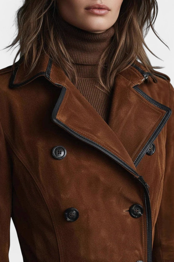 Double-Breasted Suede Sandra Long Coat with Black Trim