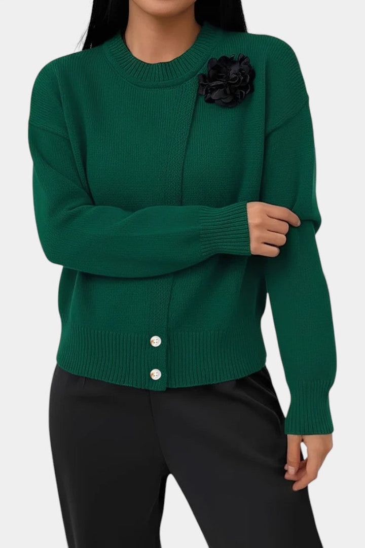 Carole Solid Color Knitted Sweater with Button Accents and Floral Embellishments