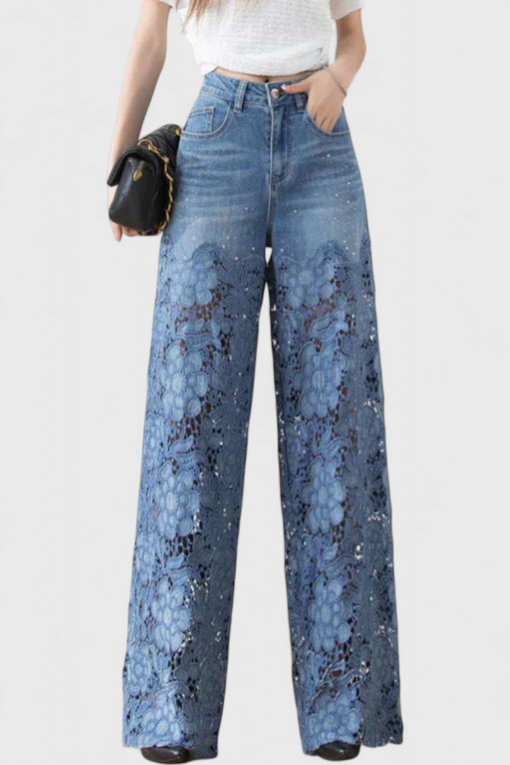Denim Jasiel Palazzo Pants Featuring Openwork Lace Details