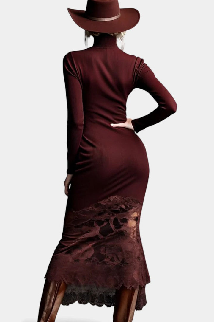 Avaria Burgundy Knit Maxi Dress Featuring High Collar and Lace Trim