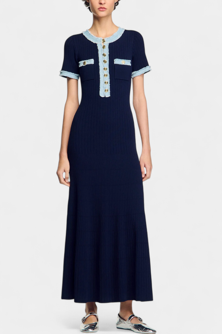 Alexia Knit Polo Dress with Open Collar and Button Accents