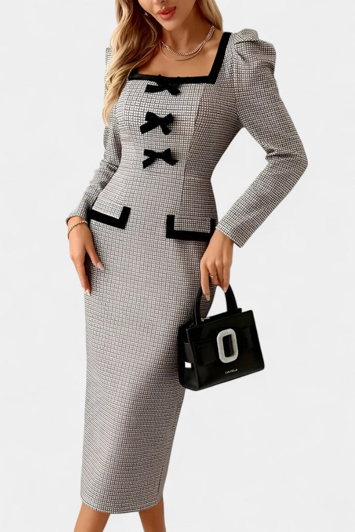 Nevena Checkered Midi Dress with Puff Sleeves and Bow Detail
