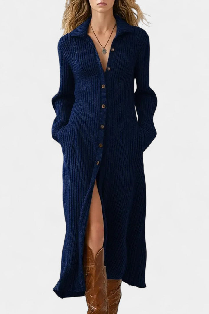 Thea Long Knit Dress Featuring a Classic Shirt Collar